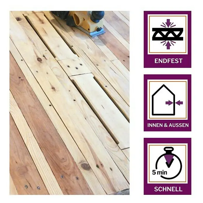 DuBaust Holzleim Holzleim - 500 g - Holzdielen werden mit einem Elektrohobel bearbeitet, was für eine robuste, innen- und außentaugliche und schnell trocknende Oberfläche sorgt.