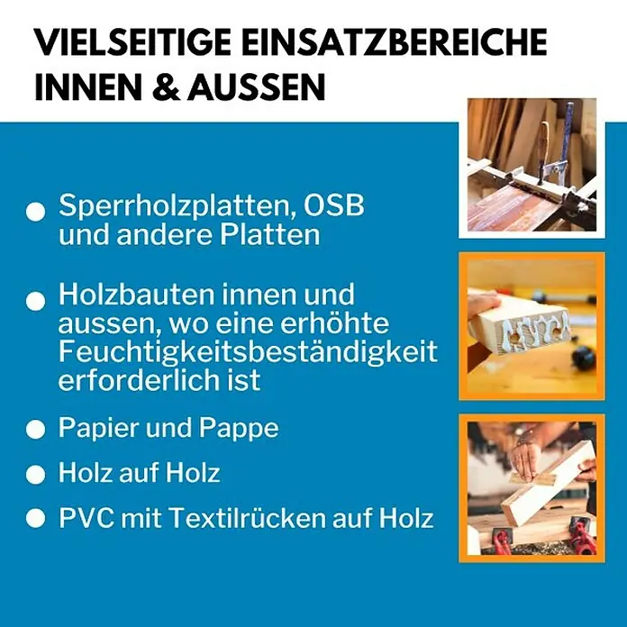 DuBaust Holzleim - 500 g, Gebrauchsfertig - Vielseitige Einsatzbereiche des Produkts: Innen & Aussen. Sperrholzplatten, OSB und andere Platten, Holzbauten, Papier, Pappe, Holz, PVC mit Textilrücken.