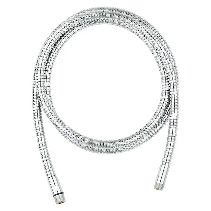 Grohe Relaxa Brauseschlauch - Länge: 200 cm, ½″, Metall, Chrom - Nahaufnahme eines flexiblen Duschschlauchs aus Chrom, der in einer Schlaufe liegt. Er ist ein wichtiges Sanitärprodukt für Duschen.