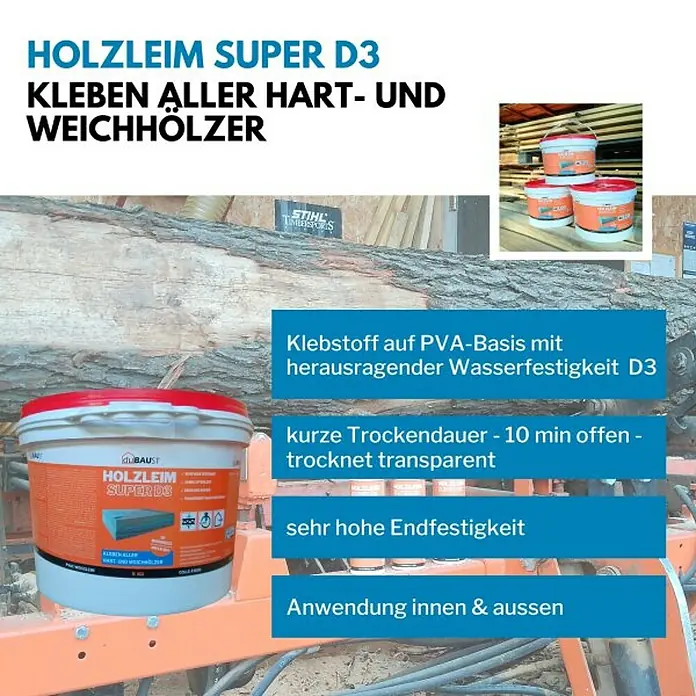 DuBaust Holzleim - 5.000 g, Gebrauchsfertig - Das Bild zeigt einen Eimer HOLZLEIM SUPER D3 Holzleim, der zum Verkleben von Hart- und Weichhölzern geeignet ist.