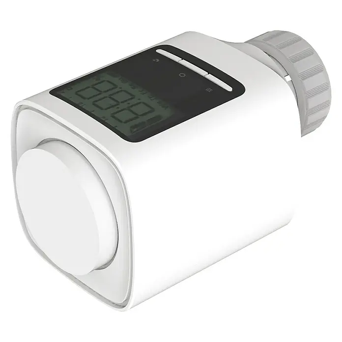 Essentials Thermostatventil Design - Manuell - Nahaufnahme eines weißen Heizkörperthermostats mit digitaler Anzeige, das modernes Design und Funktionalität vereint.
