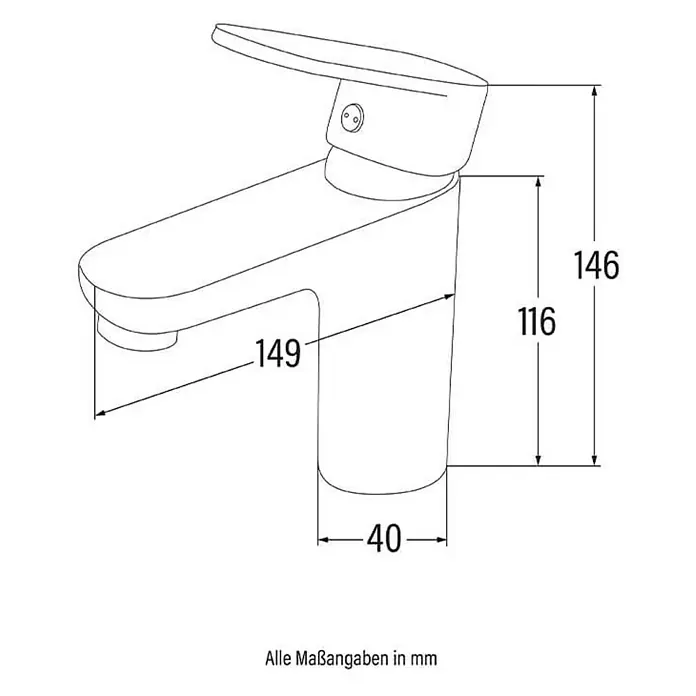 Home Deluxe Waschtischarmatur RADIANT - Chrome - Schemazeichnung einer modernen Waschtischarmatur mit Maßangaben in Millimetern.