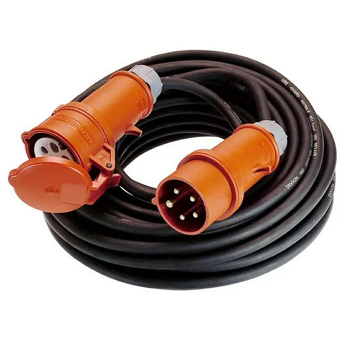as-schwabe Verlängerungskabel H07RN-F 5G2,5 - 10 m, Schwarz, IP44, H07RN-F - Das Bild zeigt ein schwarzes Starkstromkabel mit orangefarbenen Steckern an beiden Enden, eines davon mit geöffnetem Deckel.