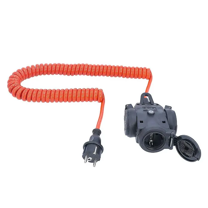 as-schwabe Verlängerungskabel H07BQ-F 3G1,5 - 5 m, Orange, IP44 - Verlängerungskabel mit Spiralkabel und Mehrfachsteckdose in Schwarz und Orange. Ideal für flexible Stromversorgung.
