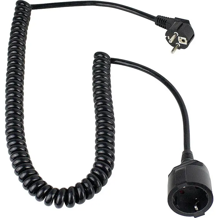 as-schwabe Verlängerungskabel H05VV-F 3G1,5 - 4 m, Schwarz, IP20, H05VV-F - Schwarzes Spiralkabel mit Eurostecker und Eurokupplung zur Stromversorgung elektronischer Geräte.