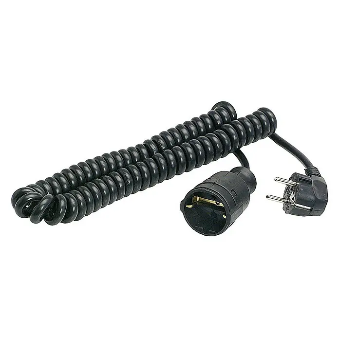 as-schwabe Verlängerungskabel H05VV-F 3G1,5 - 4 m, Schwarz, IP20, H05VV-F - Schwarzes spiralförmiges Stromkabel mit Eurostecker und Buchse, ideal für flexible Stromversorgungslösungen.