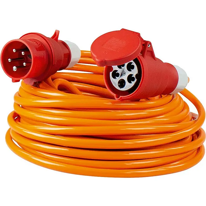 as-schwabe Verlängerungskabel H07BQ-F 5G4 - 10 m, Orange, IP44 - Aufgerolltes Starkstromkabel mit roten Steckern. Ideal für Baustellen und den Einsatz im Freien.