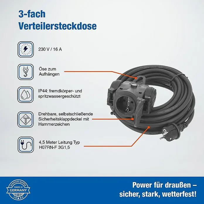 as-schwabe Verlängerungskabel H07RN-F 3G1,5 - 4,5 m, Schwarz, IP44, H07RN-F - Abbildung einer 3-fach Verteilersteckdose mit einem 4,5 Meter langen Kabel, ideal für den Einsatz im Freien, da sie robust, stark und wetterfest ist.