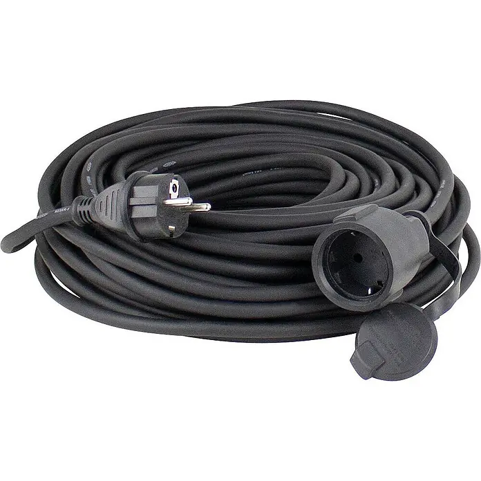 as-schwabe Verlängerungskabel H05RR-F 3G1,5 - 10 m, Schwarz, IP44, H05RR-F - Eine schwarze Kabeltrommel mit Stecker und Kupplung, ideal für den flexiblen Einsatz im Innen- und Außenbereich.\n