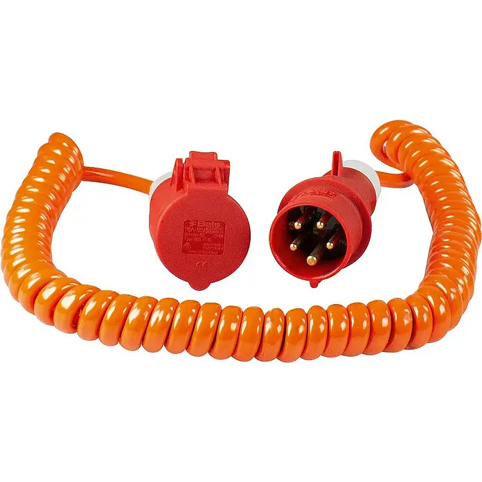 as-schwabe Verlängerungskabel H07BQ-F 5G2,5 - 5 m, Orange, IP44 - Bild eines spiralförmigen Verlängerungskabels mit rotem Stecker und roter Buchse. Hochwertiges und flexibles Produkt.