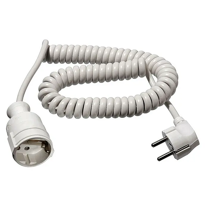 as-schwabe Verlängerungskabel H05VV-F 3G1,5 - 4 m, Weiß, IP20, H05VV-F - Ein weißes, spiralförmiges Verlängerungskabel mit einem Schutzkontaktstecker und einer Kupplung, ideal für flexible Stromversorgung.