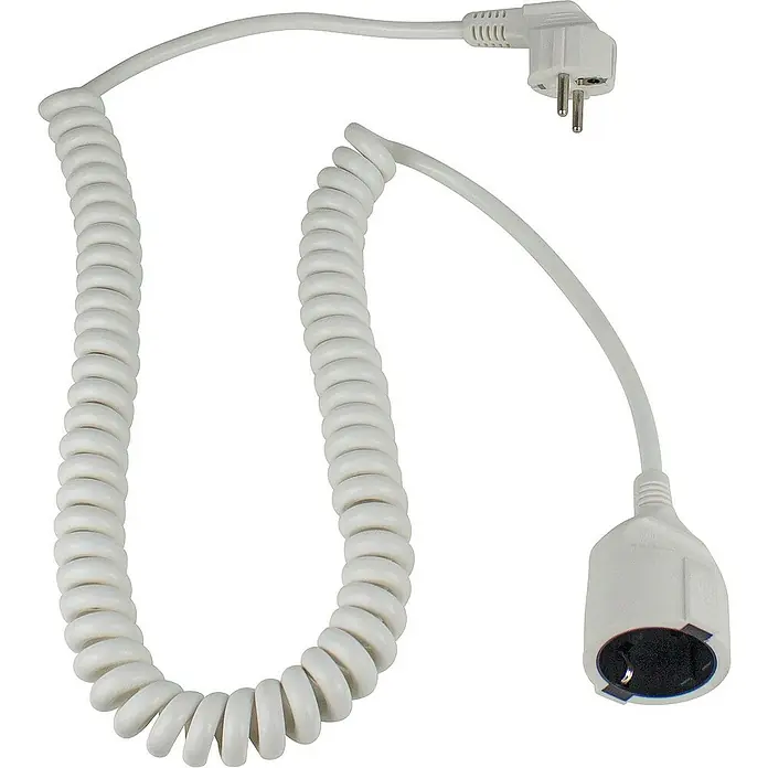 as-schwabe Verlängerungskabel H05VV-F 3G1,5 - 4 m, Weiß, IP20, H05VV-F - Das Bild zeigt eine weiße Spiralkabelverlängerung mit einem Schuko-Stecker und einer Schuko-Kupplung, ideal für flexible Stromversorgung.