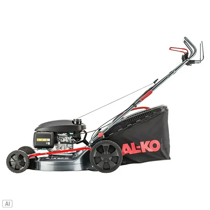AL-KO Powered by Honda Benzin-Rasenmäher Easy 5.16 mit Honda Motor - 2,7 kW - 3,1 kW, 145 cm³, Schnittbreite: 51 cm, Honda - Bild einer AL-KO Benzin-Rasenmähers mit Grasfangkorb, seitliche Ansicht auf schwarzem Hintergrund. Praktisch und leistungsstark!