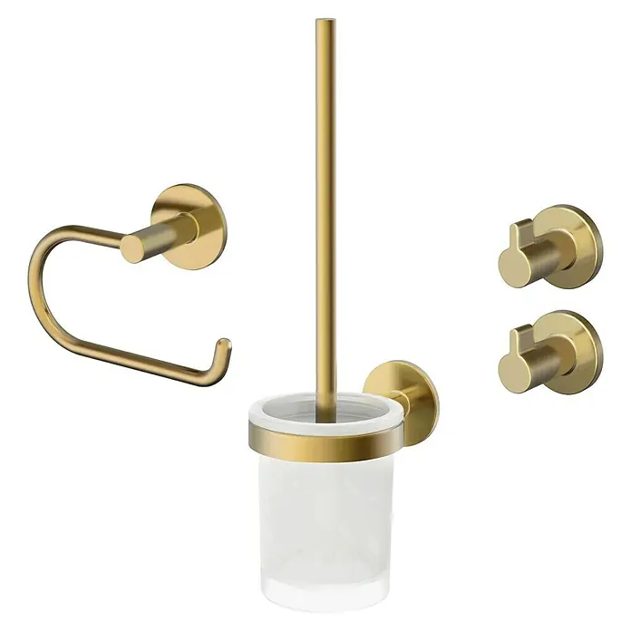 Lenz WC-Kombi-Bürstengarnitur Juna - 4 -tlg., Gold - Goldfarbenes Badezimmer-Accessoire-Set mit Toilettenpapierhalter, WC-Bürste und Handtuchhaken. Elegantes Design für ein stilvolles Badezimmer.