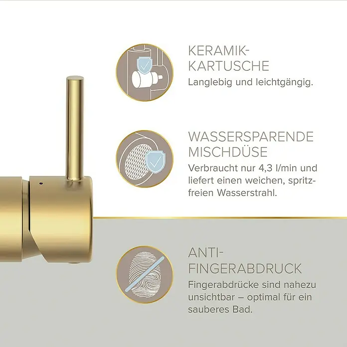 Lenz Waschtischarmatur Moana - Höhe: 24,5 cm, Ausladung Armatur: 171 mm, Gold, Matt - Nahaufnahme eines goldenen Wasserhahns mit Hinweisen zu Keramik-Kartusche, Wasserspar-Mischdüse und Anti-Fingerabdruck-Beschichtung.