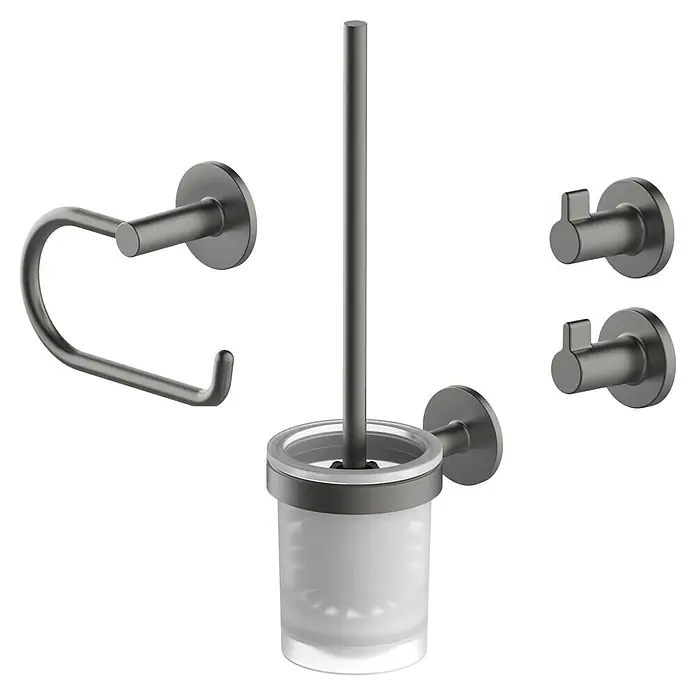 Lenz WC-Kombi-Bürstengarnitur Sivo - 4 -tlg., Graphit - Badezimmer-Set in gebürstetem Schwarzchrom: Toilettenpapierhalter, WC-Garnitur und zwei Haken für ein stilvolles Ambiente.