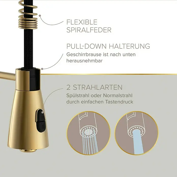 Lenz Spültischarmatur Kalani 2 - Gold, Matt, Höhe: 46 mm, Messing - Detailaufnahme einer goldenen Küchenarmatur mit verschiedenen Strahlarten und flexibler Spiralfeder.
