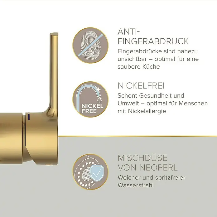 Lenz Spültischarmatur Aluna - Gold, Matt - Diese Küchenarmatur ist nickelfrei und anti-Fingerabdruck. Die Mischdüse von Neoperl sorgt für einen weichen Wasserstrahl.