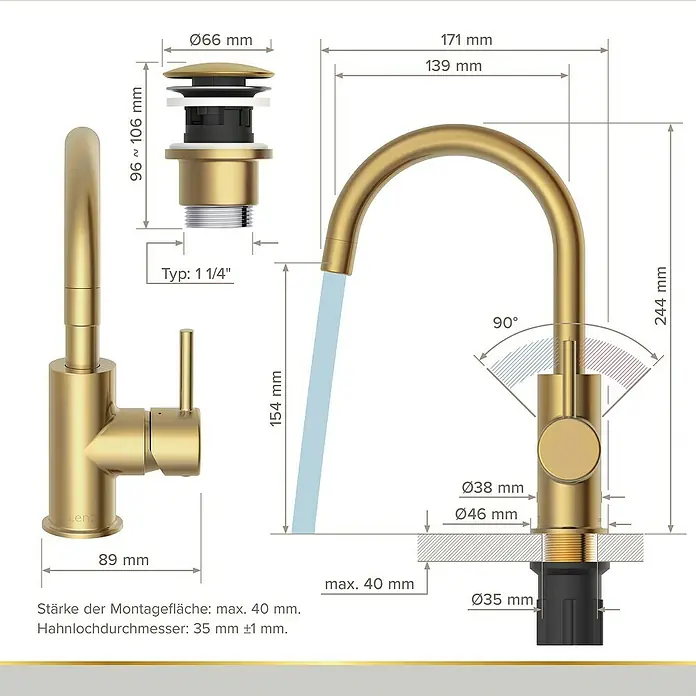 Lenz Waschtischarmatur Moana - Höhe: 24,5 cm, Ausladung Armatur: 171 mm, Gold, Matt - Technische Zeichnung eines goldfarbenen Wasserhahns mit Maßen und Details zur Installation.