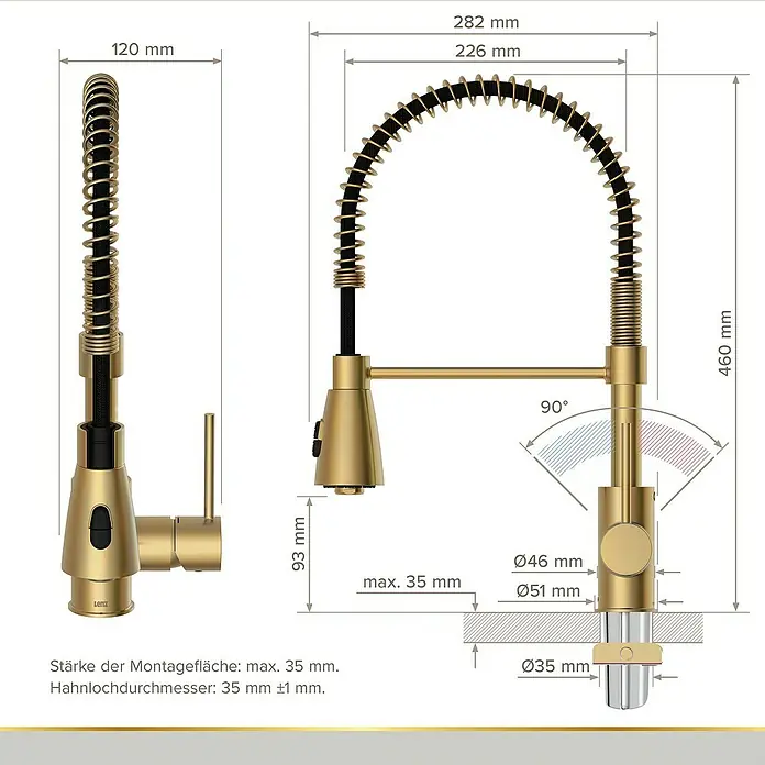 Lenz Spültischarmatur Kalani 2 - Gold, Matt, Höhe: 46 mm, Messing - Abmessungen einer Küchenarmatur in Goldoptik mit flexibler Brause und Angaben zu Höhe, Breite und Durchmesser.