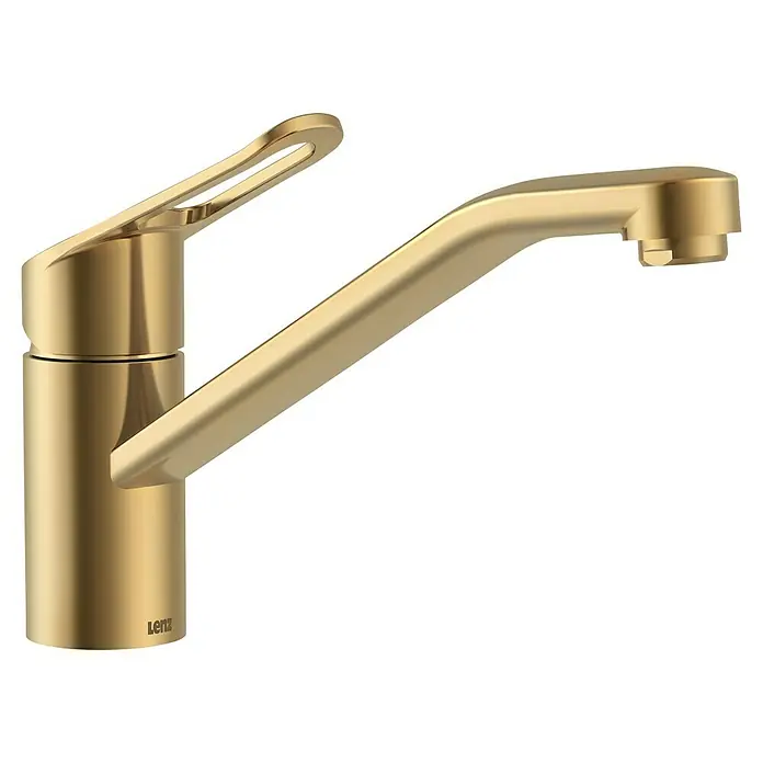 Lenz Spültischarmatur Mila - Gold, Matt - Nahaufnahme eines goldenen Lenz Wasserhahns mit modernem Design, der Eleganz und Funktionalität vereint.