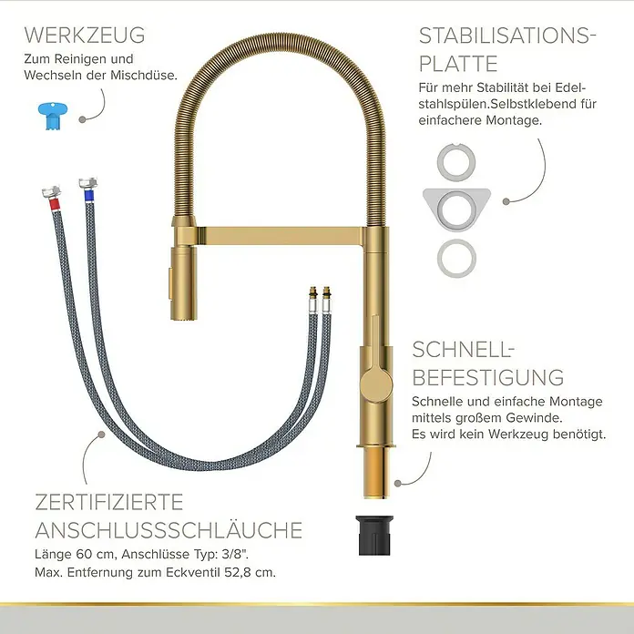 Lenz Spültischarmatur Aluna - Gold, Matt - Abbildung einer goldenen Küchenarmatur mit Werkzeug, Stabilisierungsplatte und Schnellbefestigung für eine einfache Montage.