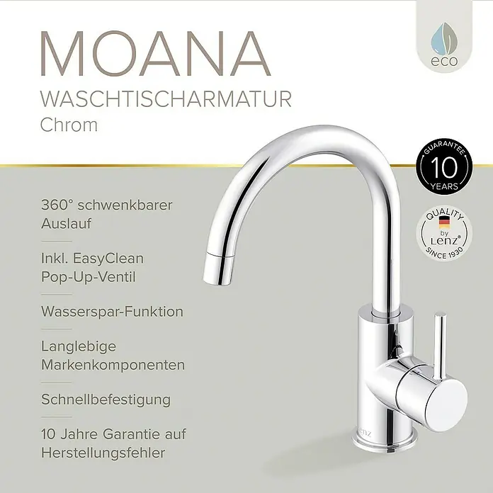 Lenz Waschtischarmatur Moana - Höhe: 24,5 cm, Ausladung Armatur: 171 mm, Chrom, Glänzend - Produktabbildung einer glänzenden Moana Waschtischarmatur aus Chrom mit Garantie und Wassersparfunktion.
