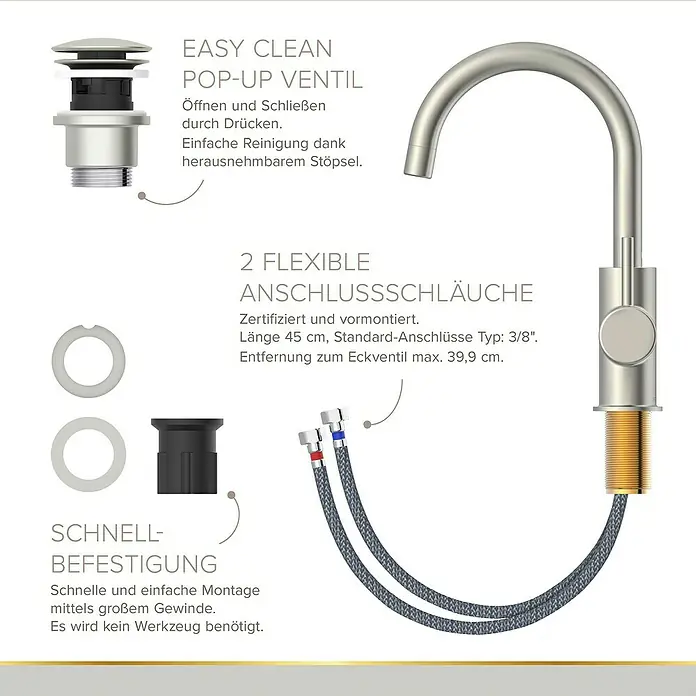 Lenz Waschtischarmatur Moana - Höhe: 24,5 cm, Ausladung Armatur: 171 mm, Edelstahl, Matt - Detailaufnahme eines Wasserhahns mit Beschriftungen zu Produkteigenschaften wie einfache Reinigung, flexible Schläuche und Schnellbefestigung.