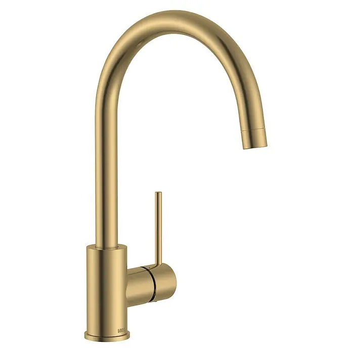 Lenz Spültischarmatur Lio - Gold, Matt - Eine Nahaufnahme eines goldenen, gebogenen Wasserhahns mit einem einzelnen Griff. Er ist elegant, modern und sorgt für einen Hauch von Luxus.