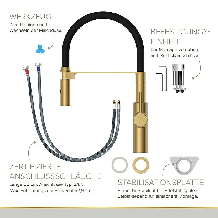 Lenz Spültischarmatur Nalu - Gold, Matt - Abbildung eines goldenen Wasserhahns mit Werkzeug, Befestigungseinheit, Anschlussschläuchen und Stabilisierungsplatte.