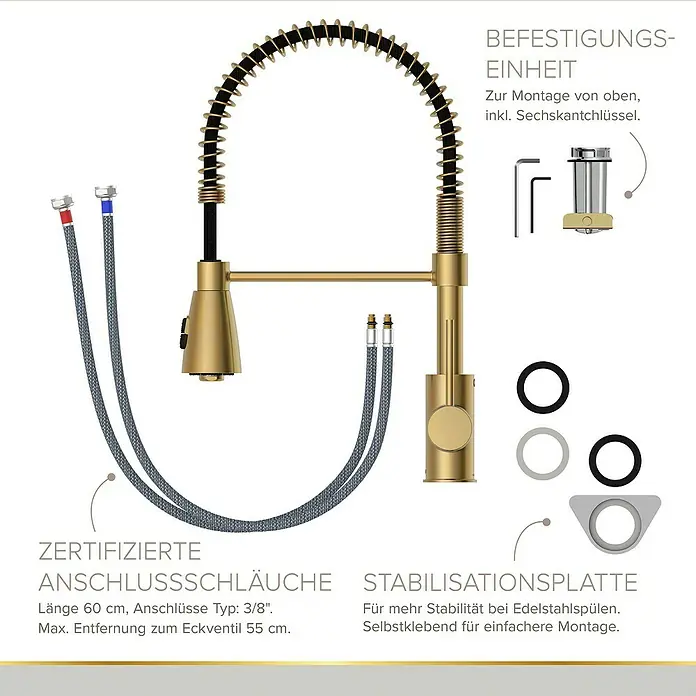 Lenz Spültischarmatur Kalani 2 - Gold, Matt, Höhe: 46 mm, Messing - Produktbild einer goldenen Küchenarmatur mit Zubehör für die Installation und Stabilisierung.