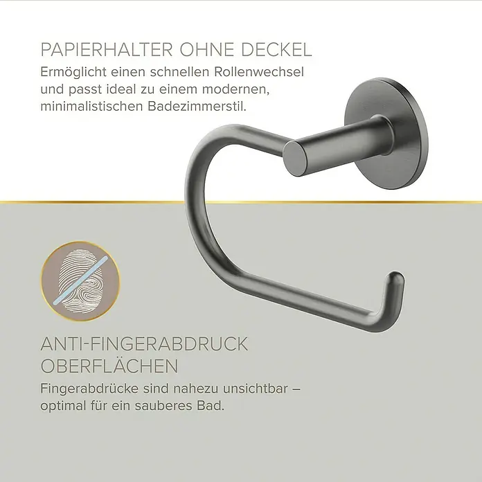 Lenz WC-Kombi-Bürstengarnitur Sivo - 4 -tlg., Graphit - Das Bild zeigt einen modernen, minimalistischen Toilettenpapierhalter ohne Deckel mit Anti-Fingerabdruck-Oberfläche.