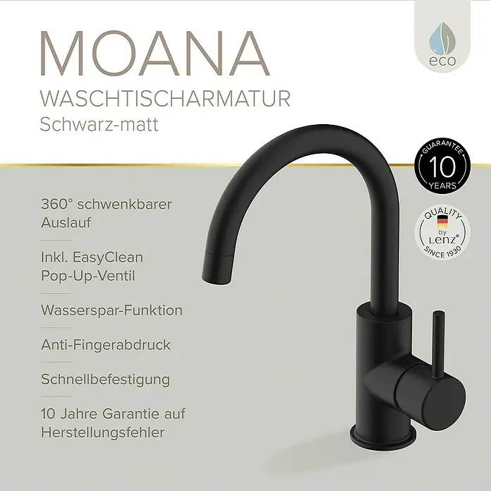 Lenz Waschtischarmatur Moana - Höhe: 24,5 cm, Ausladung Armatur: 171 mm, Schwarz, Matt - Schwarze Moana Waschtischarmatur in Schwarz-Matt mit praktischen Funktionen und langer Garantiezeit für Ihr Badezimmer.
