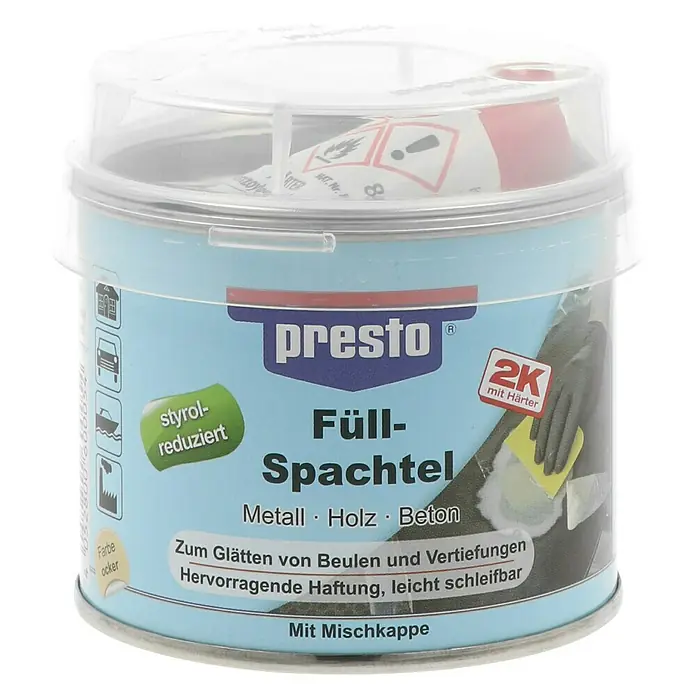 Presto Füllspachtel - 250 g, Materialeignung: Metall - Dose Presto Füll-Spachtel, ein vielseitiger Füllstoff für Metall, Holz und Beton. Ideal zum Glätten von Unebenheiten mit hervorragender Haftung.