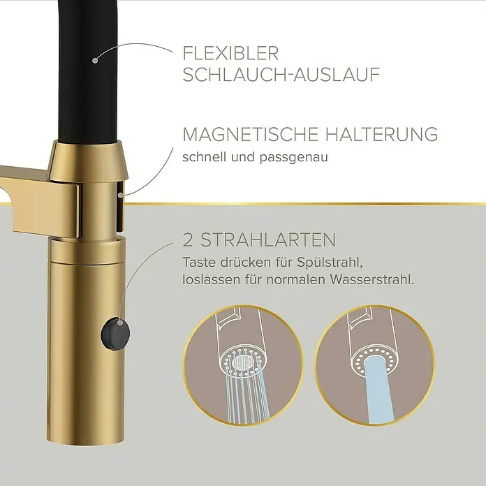 Lenz Spültischarmatur Nalu - Gold, Matt - Nahaufnahme eines Spültischhahns in Gold und Schwarz mit Hinweisen auf seine Funktionen.