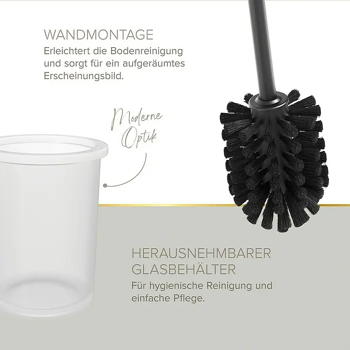 Lenz WC-Kombi-Bürstengarnitur Sivo - 4 -tlg., Graphit - Nahaufnahme einer schwarzen Toilettenbürste mit transparentem Glasbehälter. Elegantes und praktisches Badezimmeraccessoire.