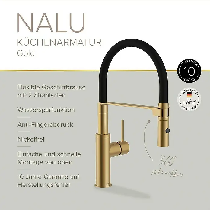 Lenz Spültischarmatur Nalu - Gold, Matt - Nahaufnahme der goldenen Küchenarmatur NALU mit flexiblem Geschirrbrause und 10 Jahren Garantie.