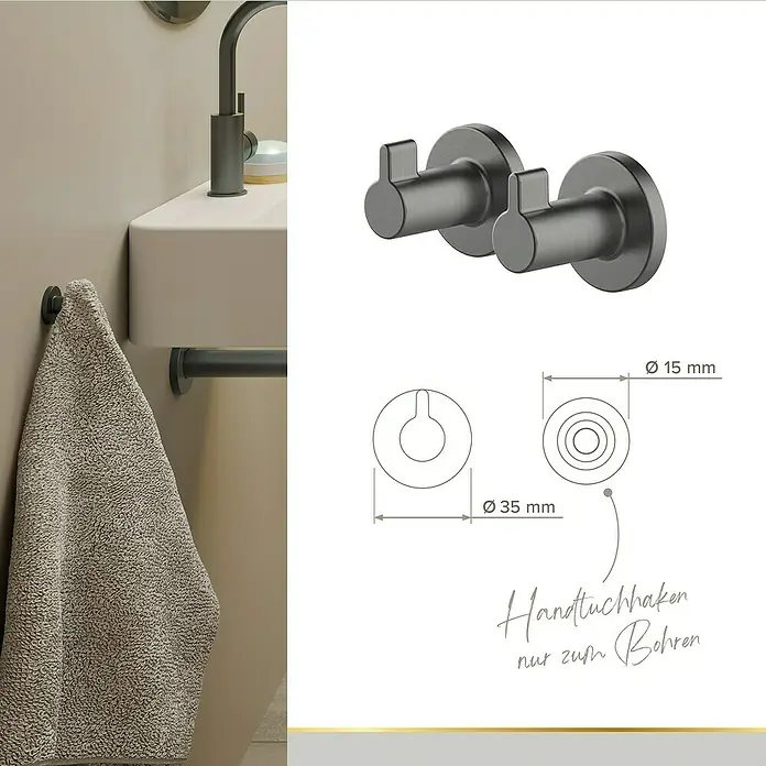 Lenz WC-Kombi-Bürstengarnitur Sivo - 4 -tlg., Graphit - Produktfoto von zwei Handtuchhaken in gebürstetem Anthrazit mit den Maßen Ø 15 mm und Ø 35 mm.