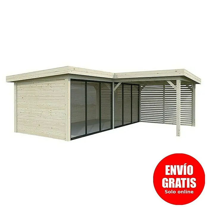 Palmako Caseta de jardín Lenna Set 413 Slide - Medidas ext. (An x Pr): 628 x 628 cm, Madera, Natural - Cabaña de madera con fachada de ventanas y zona exterior cubierta, ideal para jardín o terraza.