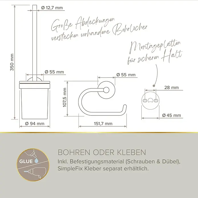 Lenz WC-Kombi-Bürstengarnitur Sivo - 4 -tlg., Graphit - Abbildung eines Toilettenbürstenhalters und eines Toilettenpapierhalters mit Maßangaben.