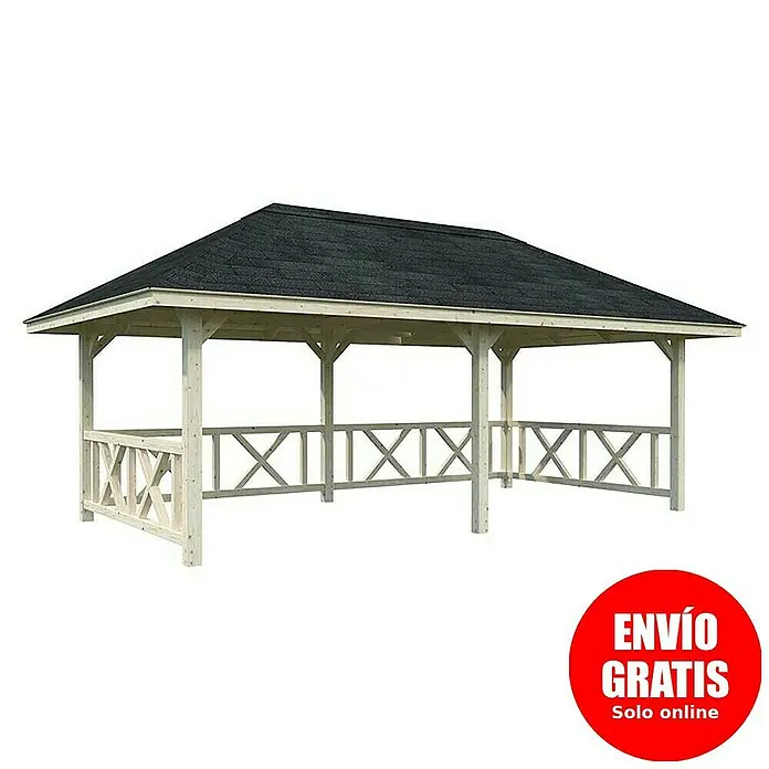 Palmako Pérgola estándar Bianca Set 107 - L x An: 672 x 384 cm, Madera, Natural - Imagen de una pérgola de madera con techo negro y barandillas en forma de cruz.