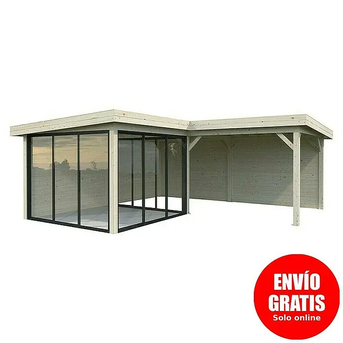 Palmako Caseta de jardín Lenna Set 712 Slide Plus - Medidas ext. (An x Pr): 628 x 628 cm, Madera, Natural - Imagen de un cenador de madera con extensión de cristal y zona abierta, perfecto para jardín o patio.