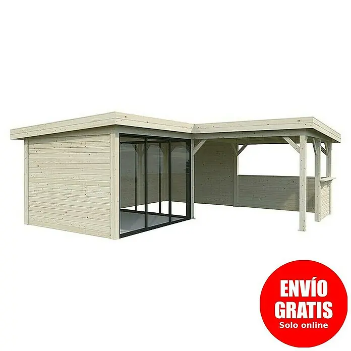 Palmako Caseta de jardín Lenna Set 409 Slide - Medidas ext. (An x Pr): 628 x 628 cm, Madera, Natural - Imagen de una glorieta de madera con áreas cerradas y abiertas, perfecto para jardines y terrazas.