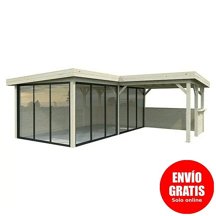 Palmako Caseta de jardín Lenna Set 723 Slide Plus - Medidas ext. (An x Pr): 628 x 628 cm, Madera, Natural - Una caseta de jardín con paredes de cristal y zona cubierta, ideal para relajarse al aire libre.