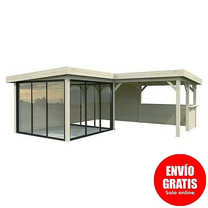 Palmako Caseta de jardín Lenna Set 410 Slide - Medidas ext. (An x Pr): 628 x 628 cm, Madera, Natural - Imagen de una moderna caseta de jardín de madera con fachada de cristal y ampliación abierta.