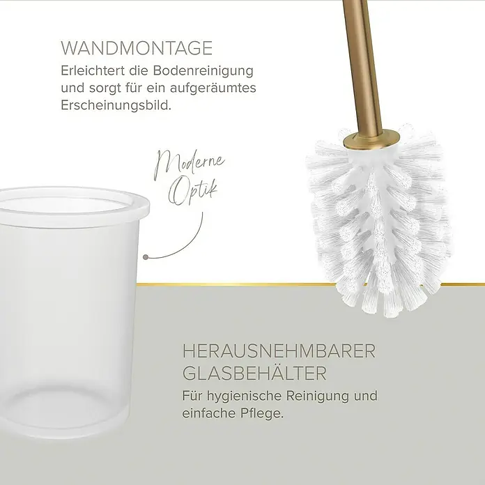 Lenz WC-Kombi-Bürstengarnitur Juna - 4 -tlg., Gold - WC-Garnitur mit Wandmontage, die die Bodenreinigung erleichtert und für ein aufgeräumtes Erscheinungsbild sorgt. Moderner Glasbehälter.