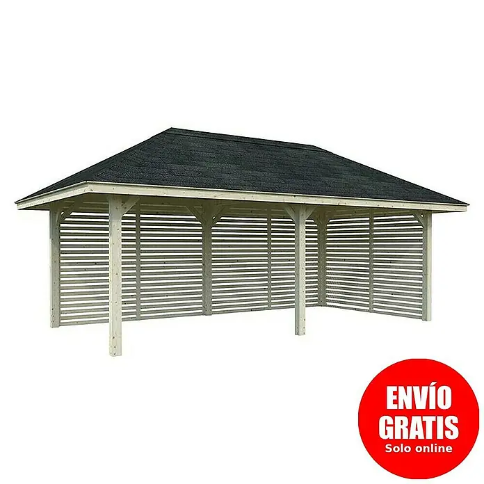 Palmako Pérgola estándar Bianca Set 109 - L x An: 672 x 384 cm, Madera, Natural - Imagen de una glorieta con techo de tejas asfálticas y paredes de listones.