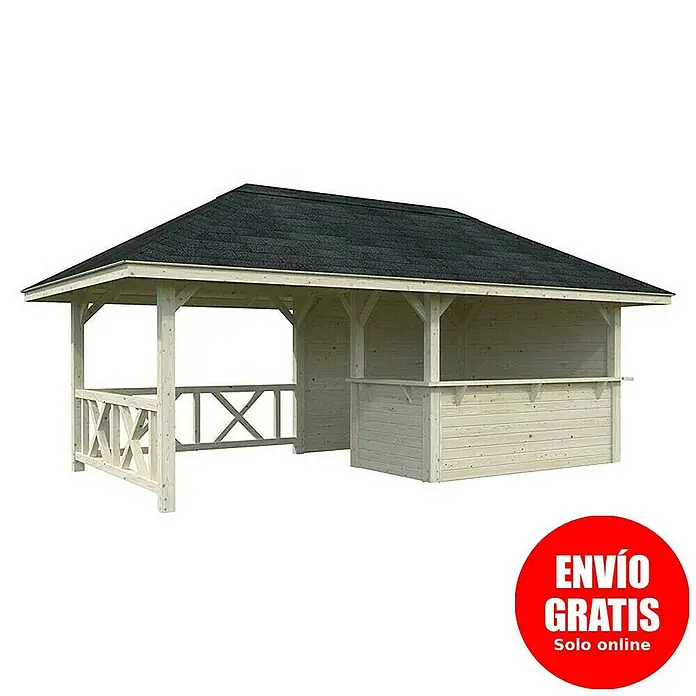 Palmako Pérgola estándar Bianca Set 110 - L x An: 672 x 384 cm, Madera, Natural - Imagen de un cenador de madera con techo oscuro, perfecto para el jardín. El cenador tiene una barra y zona abierta.