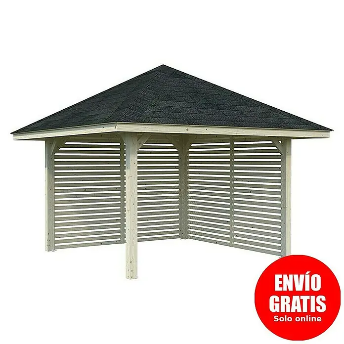 Palmako Pérgola estándar Bianca Set 102 - L x An: 384 x 384 cm, Madera, Natural - Imagen de una glorieta de madera con techo negro, perfecta para el jardín.