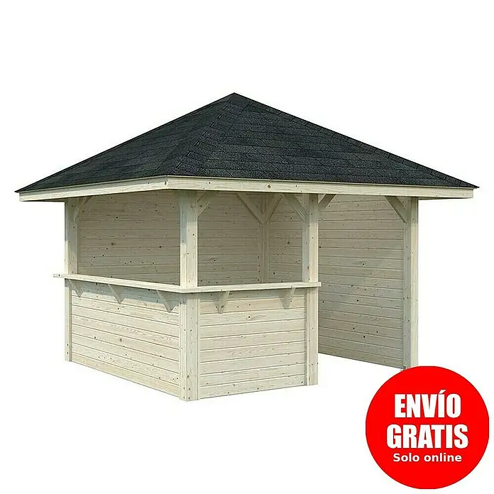 Palmako Pérgola estándar Bianca Set 103 - L x An: 384 x 384 cm, Madera, Natural - Imagen de un cenador de madera con techo negro y mostrador de bar, perfecto para exterior.